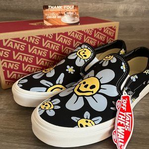 Vans Classic Slip-On Trippy Grin Floral Black Blue Shoes Size 10.5 Men's NWB